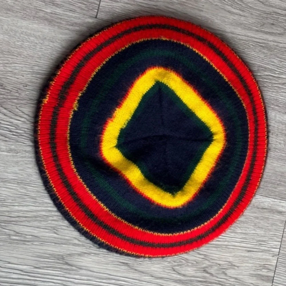 Belmar VTG  Knit Beret Hat Red Yellow Green Striped Slouchy Beanie Women